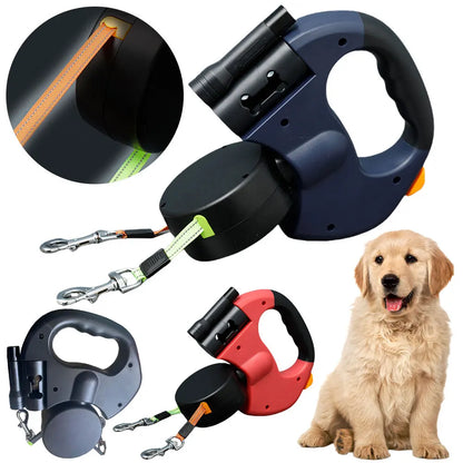 Double Headed Dog Leash Traction Rope 360 Degree Swivel Dual Pet Leash with LED Light Retractable Dog Leash for 2 Dogs